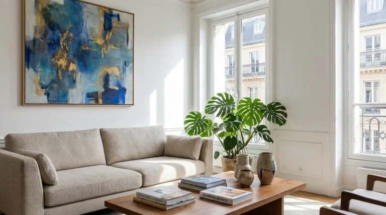 Intérieur français moderne décoré avec un tableau abstrait aux tons bleus et dorés