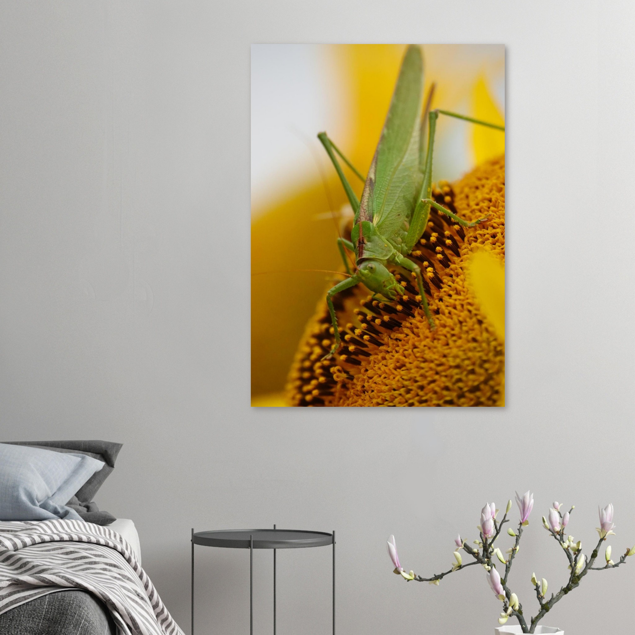 La nature à hauteur d’insecte – Tableau sauterelle sur tournesol La nature à hauteur d’insecte – Tableau sauterelle sur tournesol