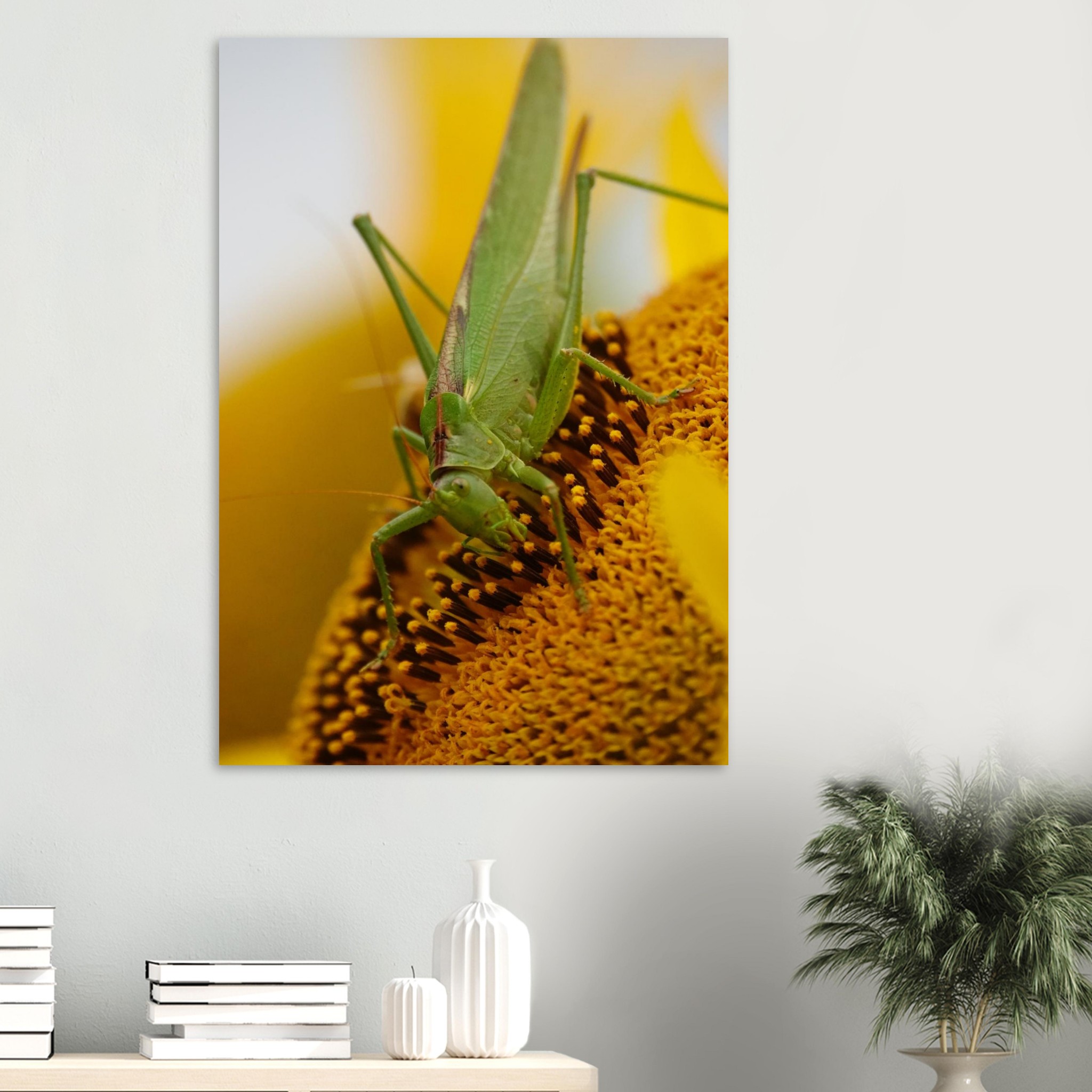 La nature à hauteur d’insecte – Tableau sauterelle sur tournesol La nature à hauteur d’insecte – Tableau sauterelle sur tournesol