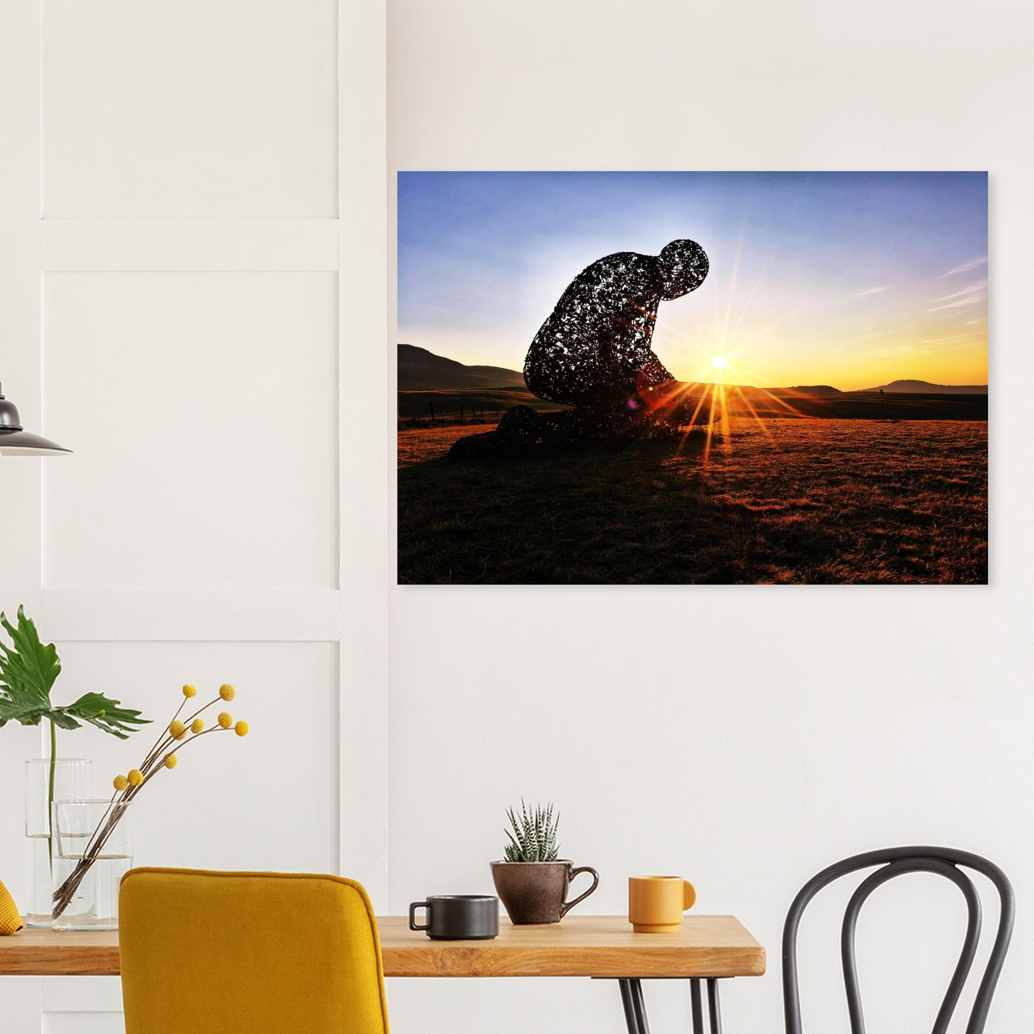 Appartenir à quelque chose de plus grand, l’humanité au seuil du sacré – Tableau sculpture humaine au coucher du soleil Appartenir à quelque chose de plus grand, l’humanité au seuil du sacré – Tableau sculpture humaine au coucher du soleil