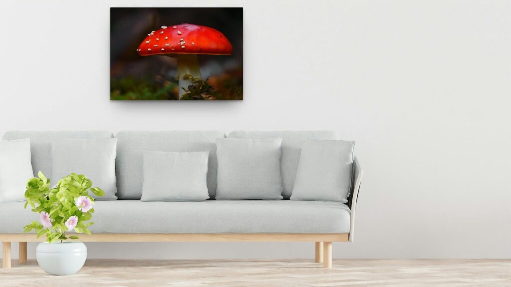 À consommer avec les yeux, tableau sur aluminium 100 × 70 cm au-dessus d’un canapé (mise en situation)