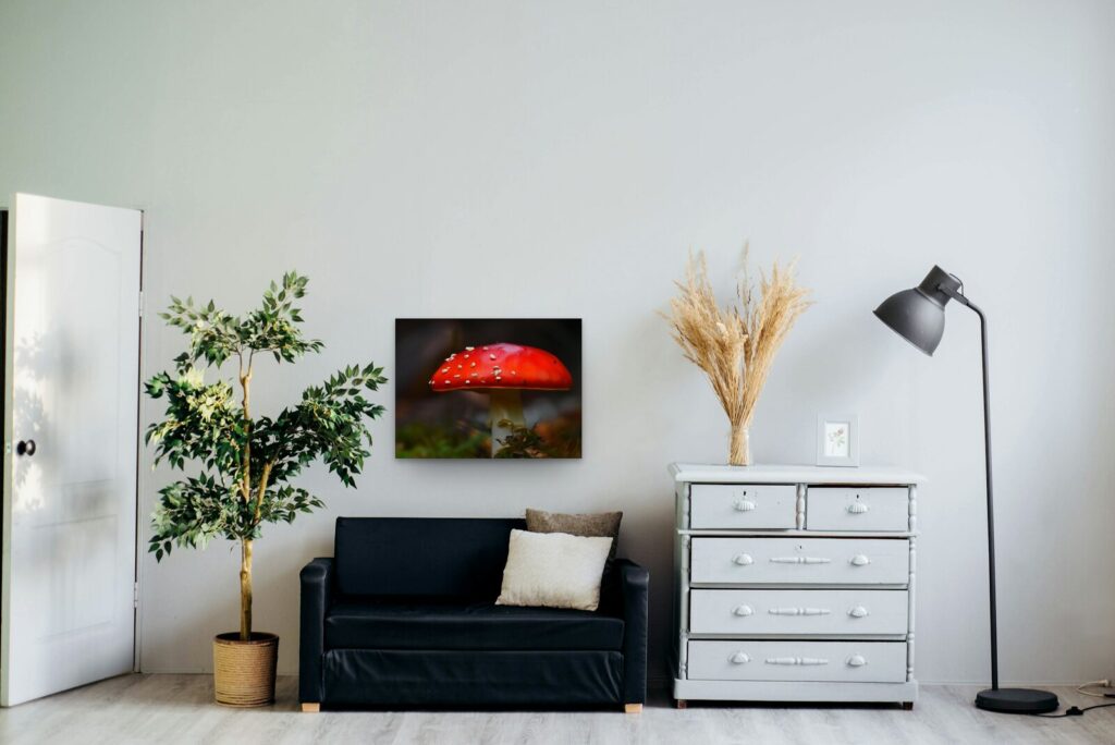 À consommer avec les yeux, tableau sur aluminium 80 × 60 cm dans un salon clair (mise en situation)