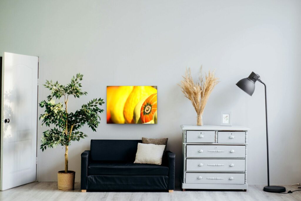 Caravane de courges, tableau sur aluminium 80 × 60 cm dans un salon clair (mise en situation)