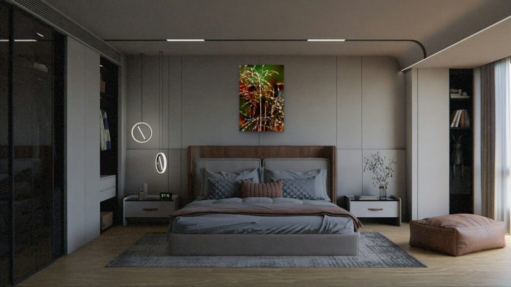 Éclats de rosée, tableau sur aluminium 60 × 90 cm dans une chambre (mise en situation)