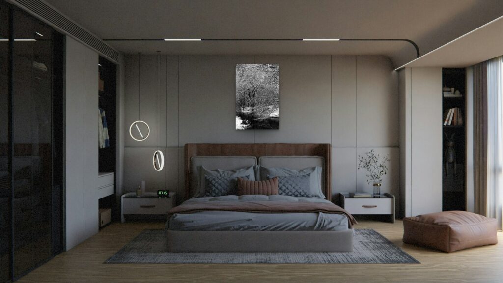 L’étreinte silencieuse de l’hiver, tableau sur aluminium 60 × 90 cm dans une chambre (mise en situation)