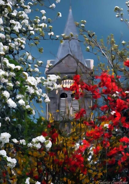 Le clocher entre les fleurs, tableau clocher et arbres en fleurs