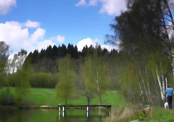 L’étang au ponton de bois, tableau étang et ponton en forêt