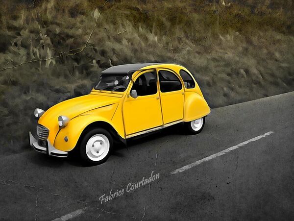 La 2CV jaune sur la route, tableau 2CV jaune sur route de campagne