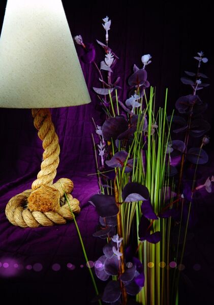 La lampe de corde et le feuillage pourpre, tableau lampe en corde et feuillage pourpre