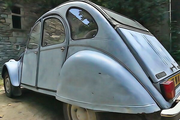 La 2 CV contre le mur de pierre, tableau 2 CV ancienne