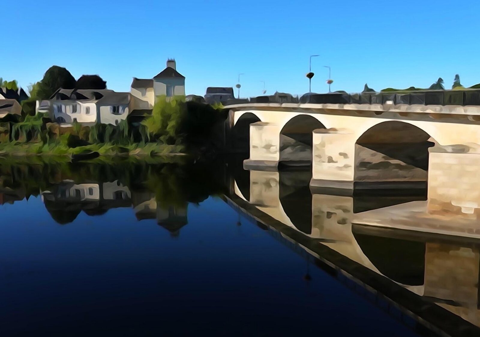 Pont de pierre et son reflet, tableau sur aluminium, aperçu dans un intérieur