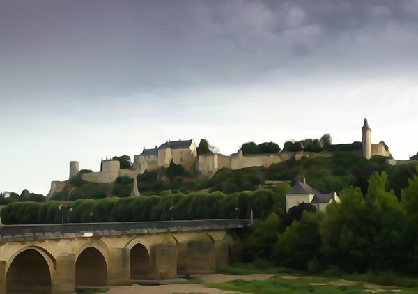 Forteresse sur la colline et pont de pierre, tableau forteresse au-dessus d’un pont