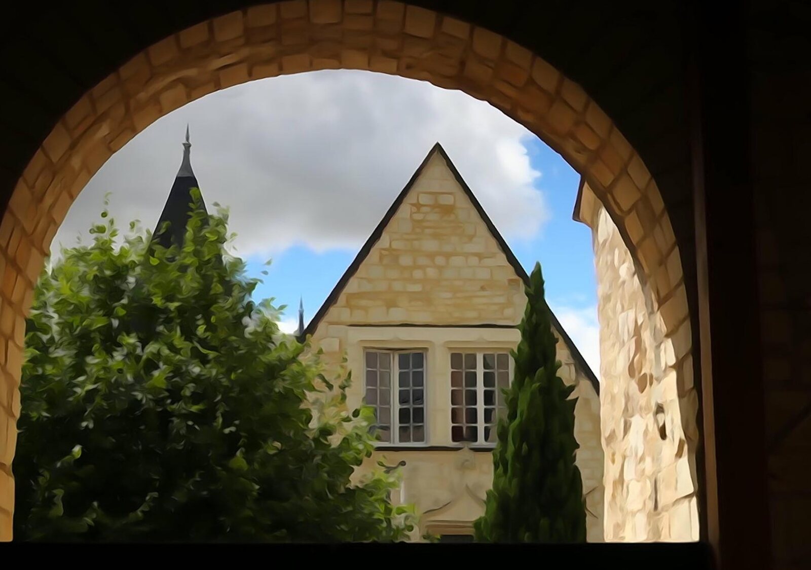 Chinon vu sous une arche de pierre, tableau sur aluminium, aperçu dans un intérieur