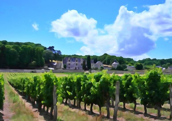 Rangs de vigne et manoir sous les nuages, tableau vignes du Val de Loire