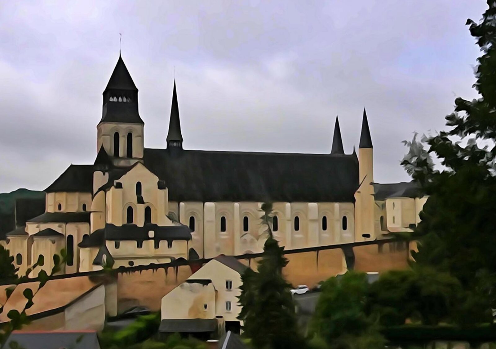 Abbaye aux clochers sous un ciel gris, tableau sur aluminium, aperçu dans un intérieur