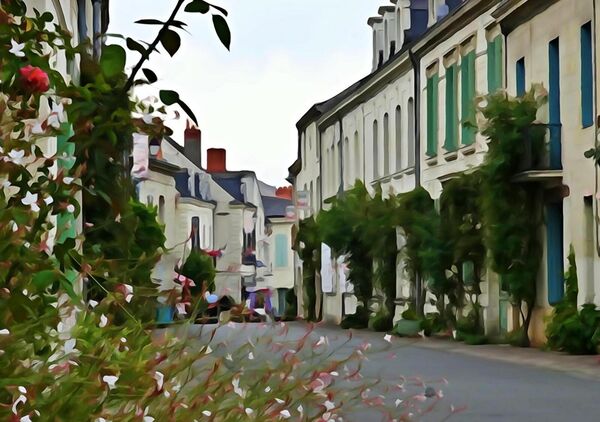 Rue aux volets verts et aux roses, tableau rue ancienne fleurie