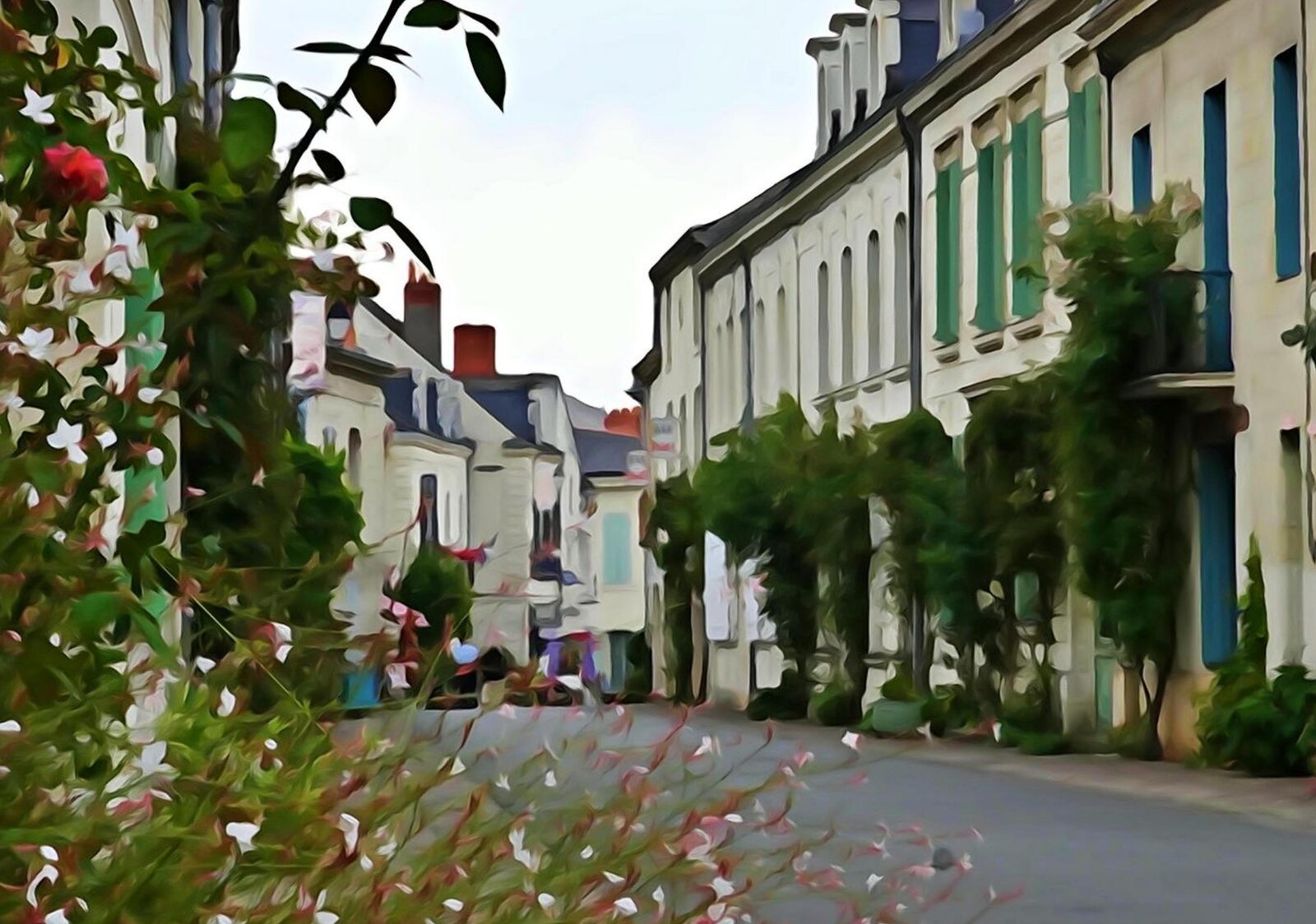 Rue aux volets verts et aux roses, tableau sur aluminium, aperçu dans un intérieur