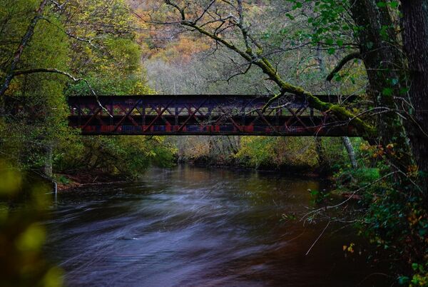 Passerelle sur la rivière en automne, tableau passerelle métallique sur une rivière