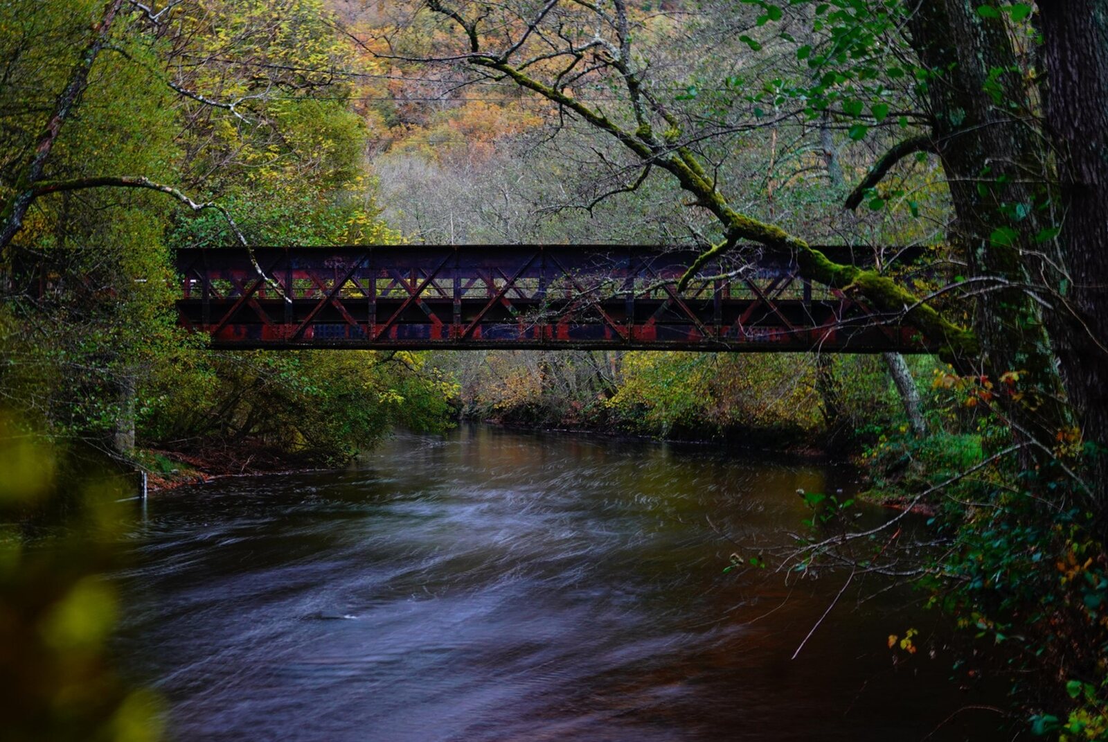 Passerelle sur la rivière en automne, tableau sur aluminium, aperçu dans un intérieur