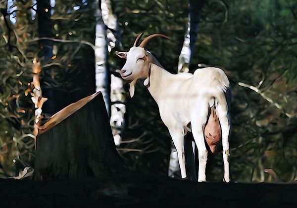 La vigie de la forêt, tableau chèvre blanche en forêt de bouleaux
