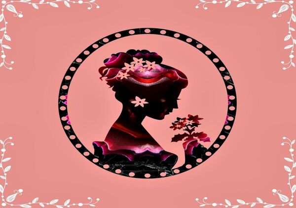 Profil de femme en médaillon rose, tableau silhouette de femme en médaillon