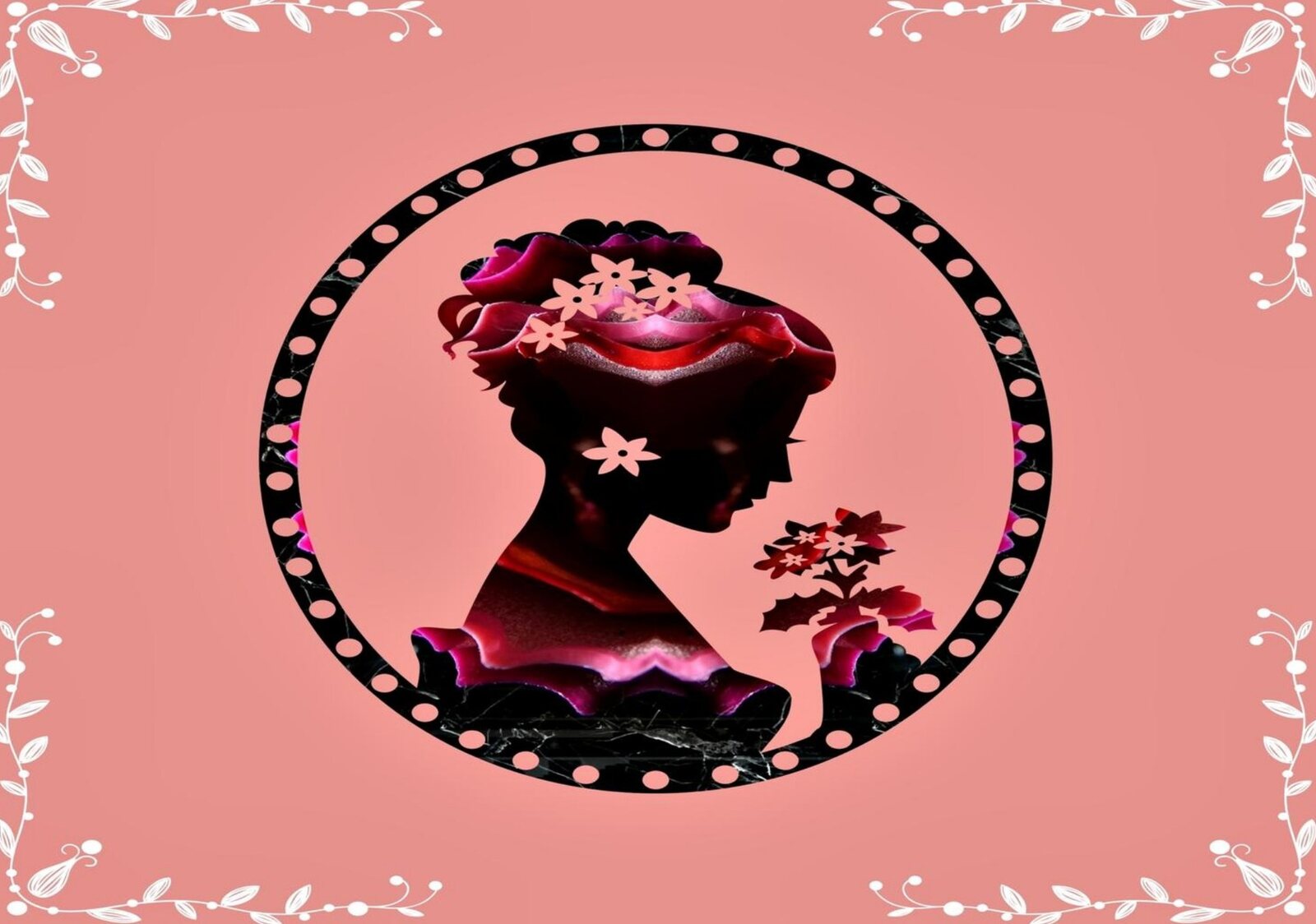 Profil de femme en médaillon rose, tableau sur aluminium, aperçu dans un intérieur