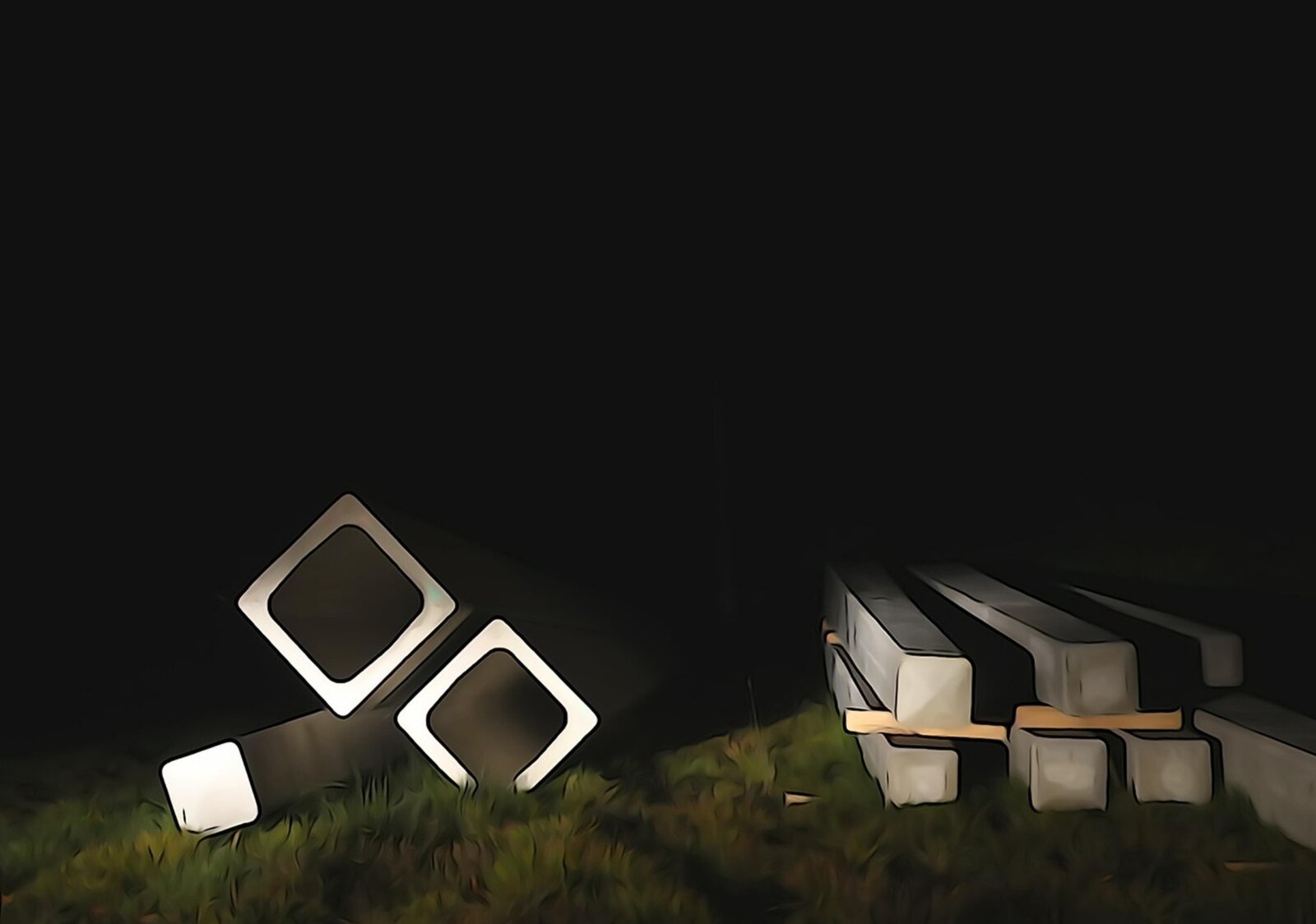 Profilés carrés dans la nuit, tableau sur aluminium, aperçu dans un intérieur