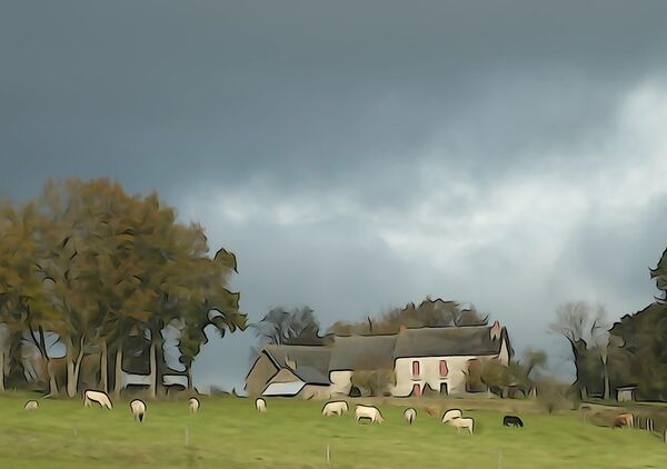 Moutons sous un ciel d’orage, tableau moutons et ferme sous l’orage