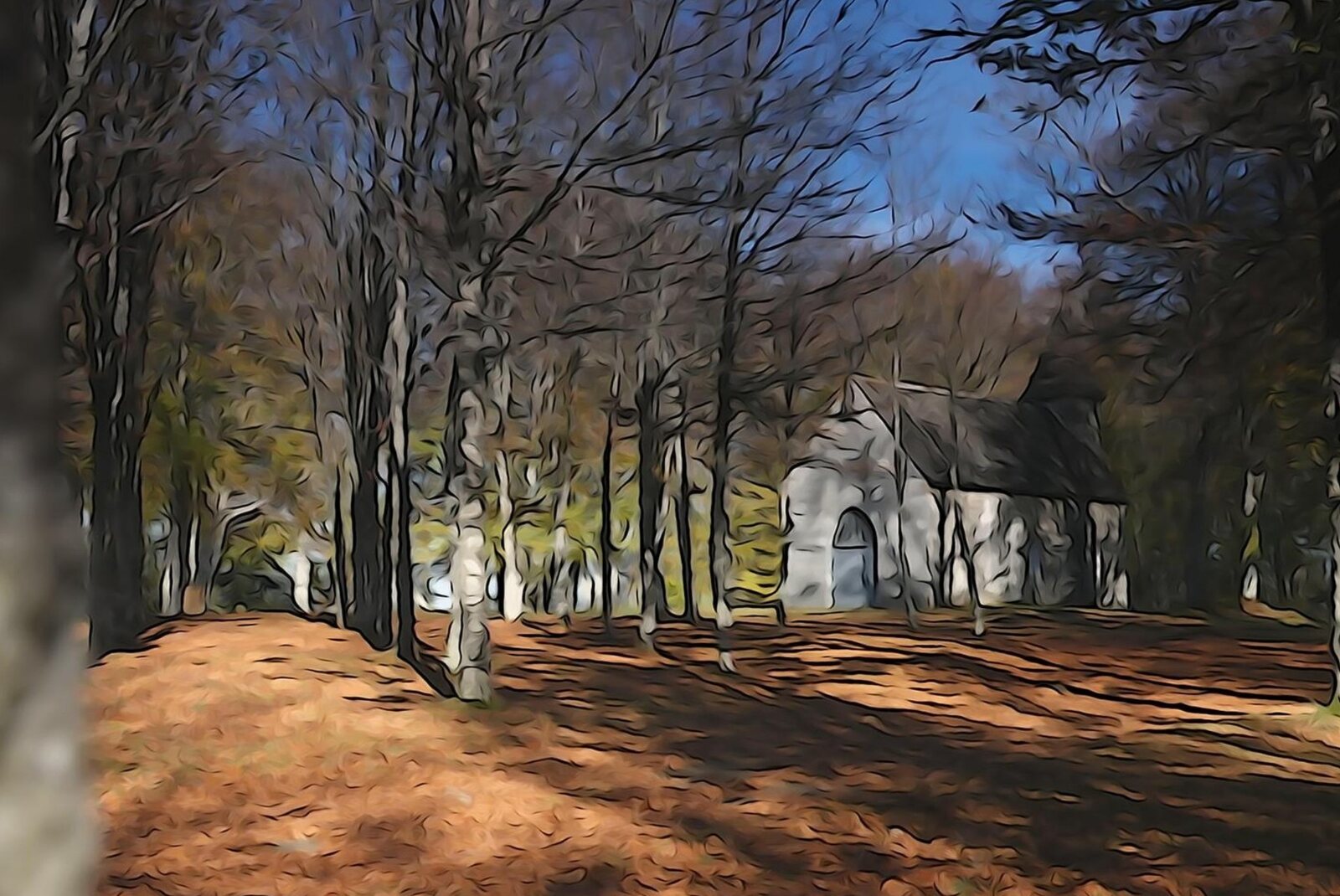 La chapelle dans la forêt d’automne, tableau sur aluminium, aperçu dans un intérieur