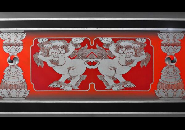 Deux lions des neiges sur fond rouge, tableau lions des neiges, décor bouddhiste