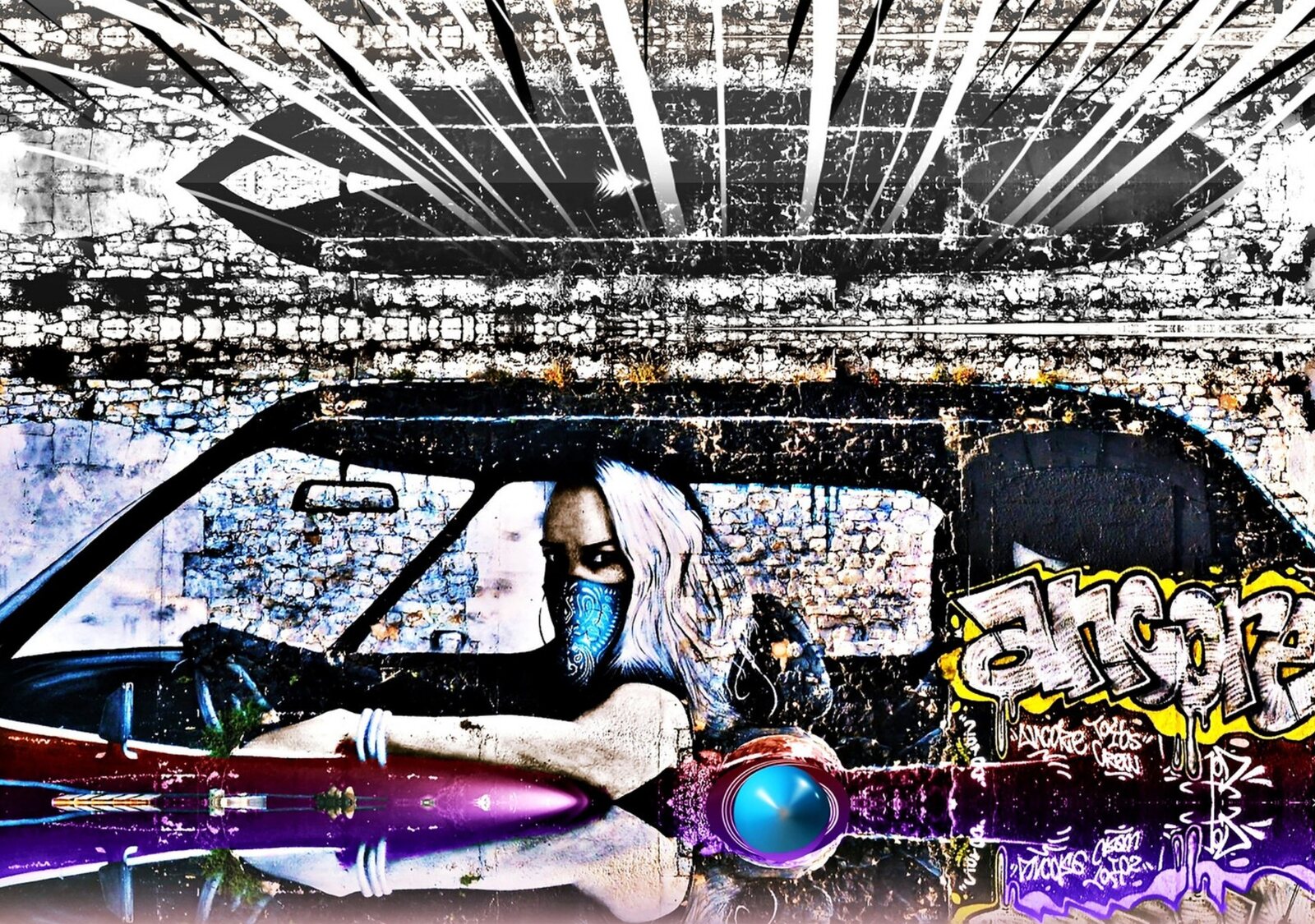 Passagère masquée et graffitis, tableau sur aluminium, aperçu dans un intérieur
