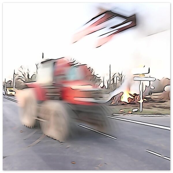 Campagne sociale, tableau tracteur sur une route d’Auvergne
