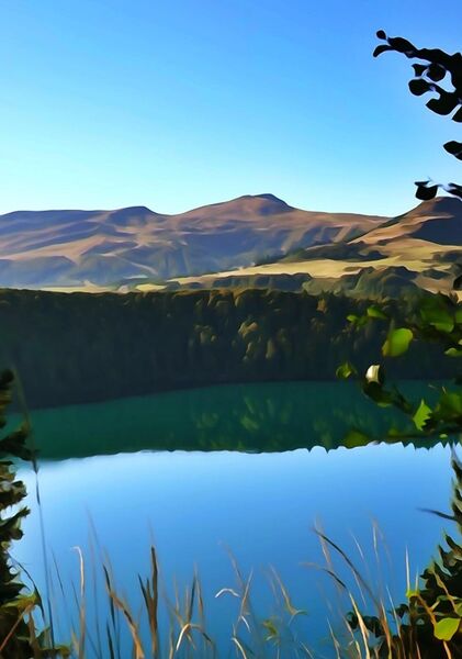 Lac turquoise au pied des monts, tableau lac de montagne en Auvergne