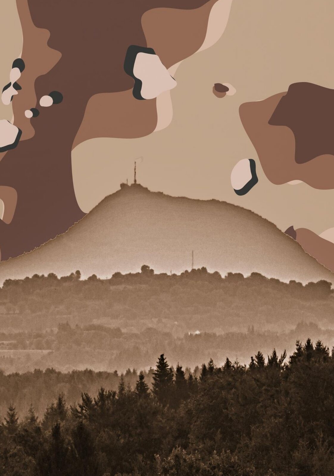Volcan sépia sous un ciel camouflage, tableau sur aluminium, aperçu dans un intérieur