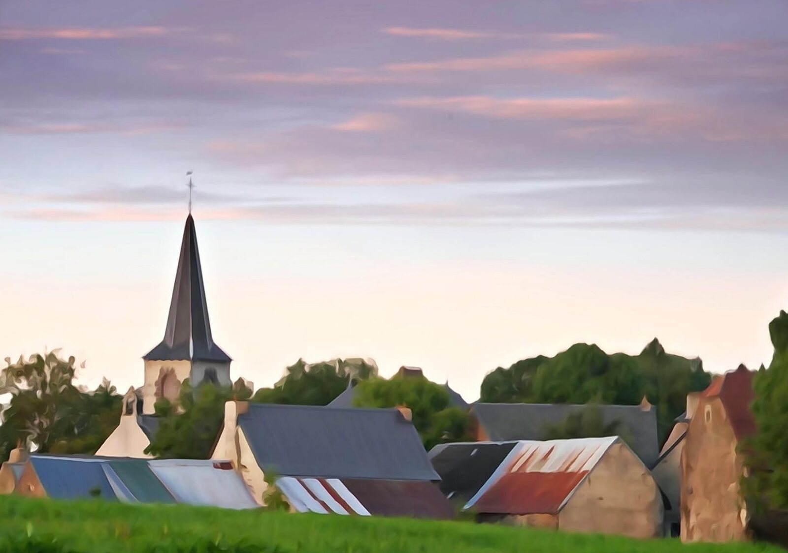 Le clocher de Montgreleix au crépuscule, tableau sur aluminium, aperçu dans un intérieur