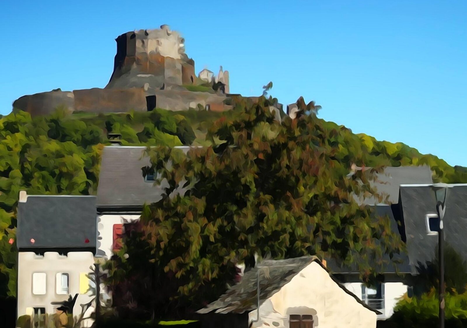Le château de Murol au-dessus du village, tableau sur aluminium, aperçu dans un intérieur