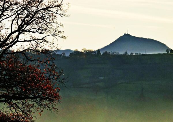 Auvergne en lumière caressante, tableau arbre roux et volcan dans la brume