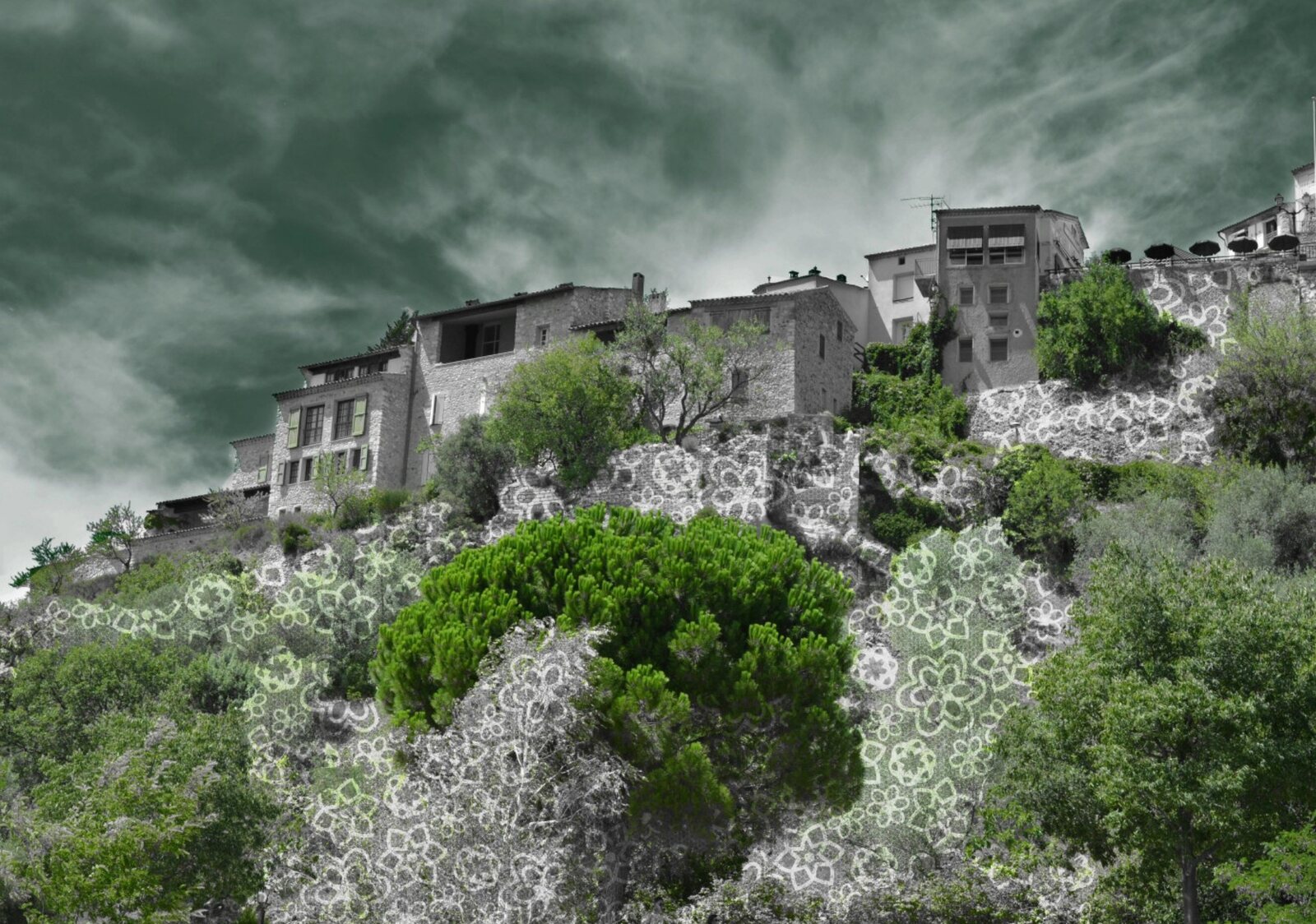Village perché du Verdon sous l’orage, tableau sur aluminium, aperçu dans un intérieur