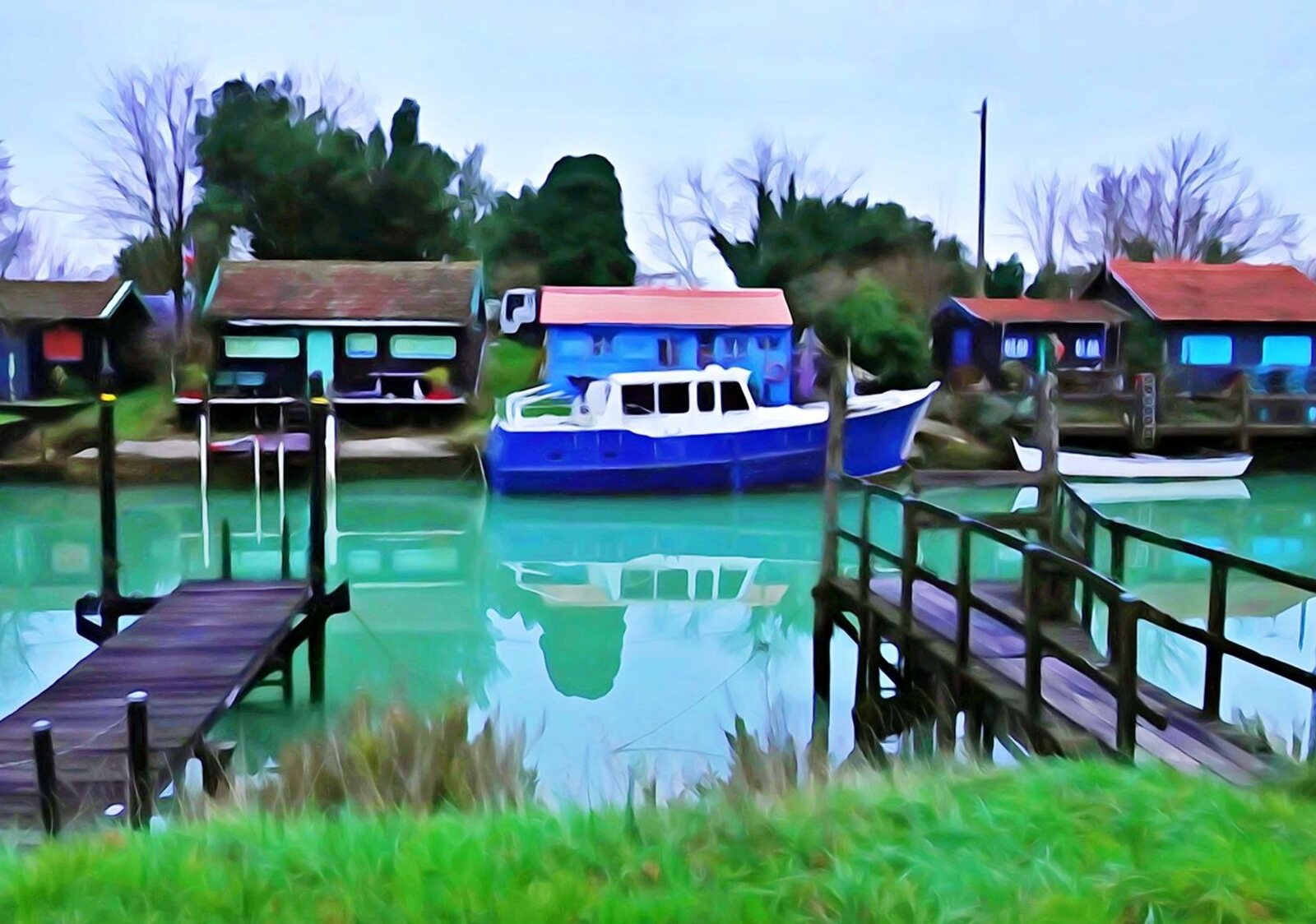 Cabanes et pontons du vieux port de La Tremblade, tableau sur aluminium, aperçu dans un intérieur