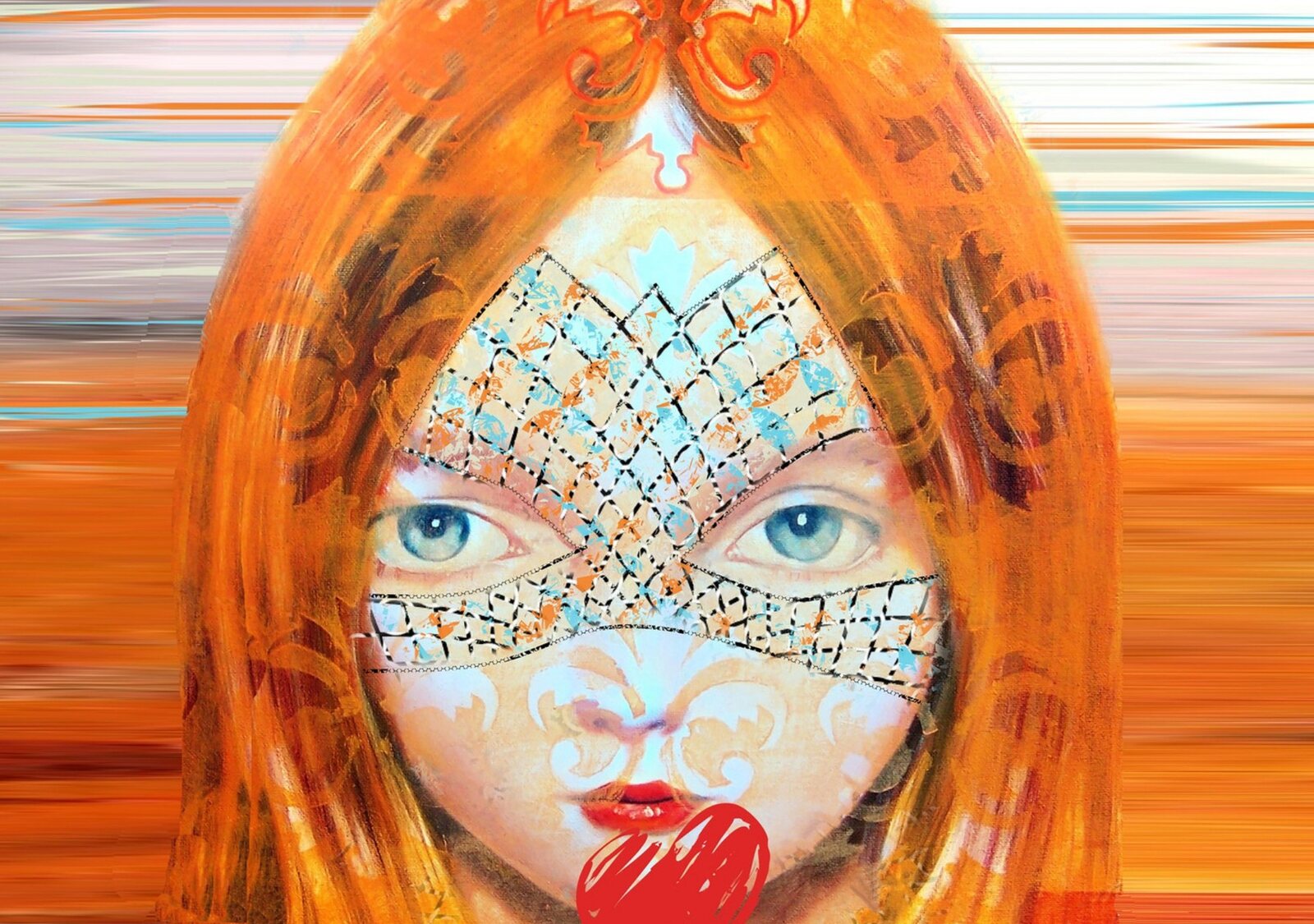 Visage au masque de dentelle, tableau sur aluminium, aperçu dans un intérieur