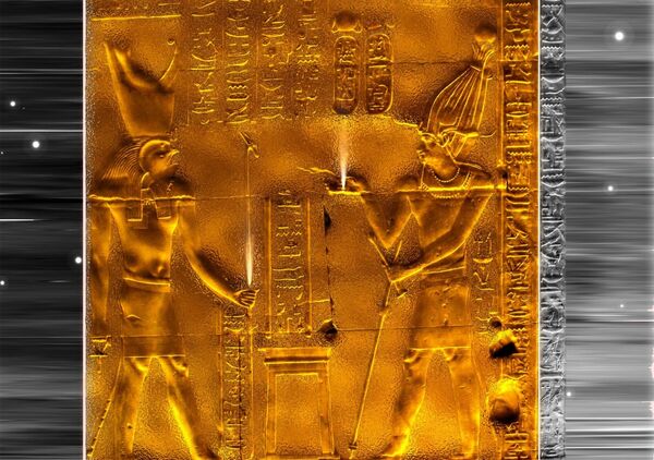 Rituel égyptien sur fond étoilé, tableau bas-relief égyptien doré