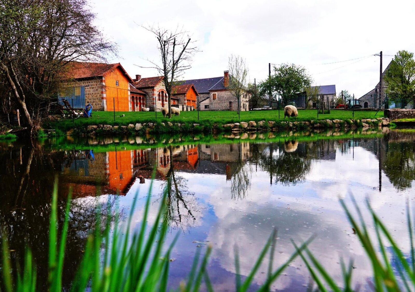 Maisons de village au bord de l’étang, tableau sur aluminium, aperçu dans un intérieur