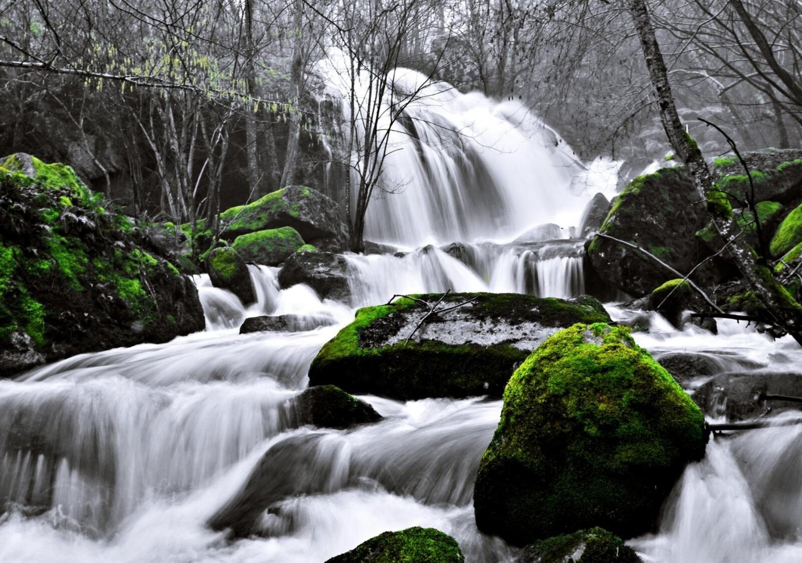Cascade entre les rochers moussus, tableau sur aluminium, aperçu dans un intérieur