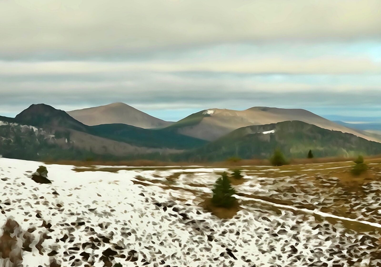 Neige légère sur les puys, tableau sur aluminium, aperçu dans un intérieur