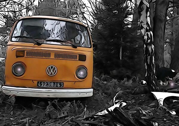 Combi Volkswagen orange en forêt, tableau Combi Volkswagen orange