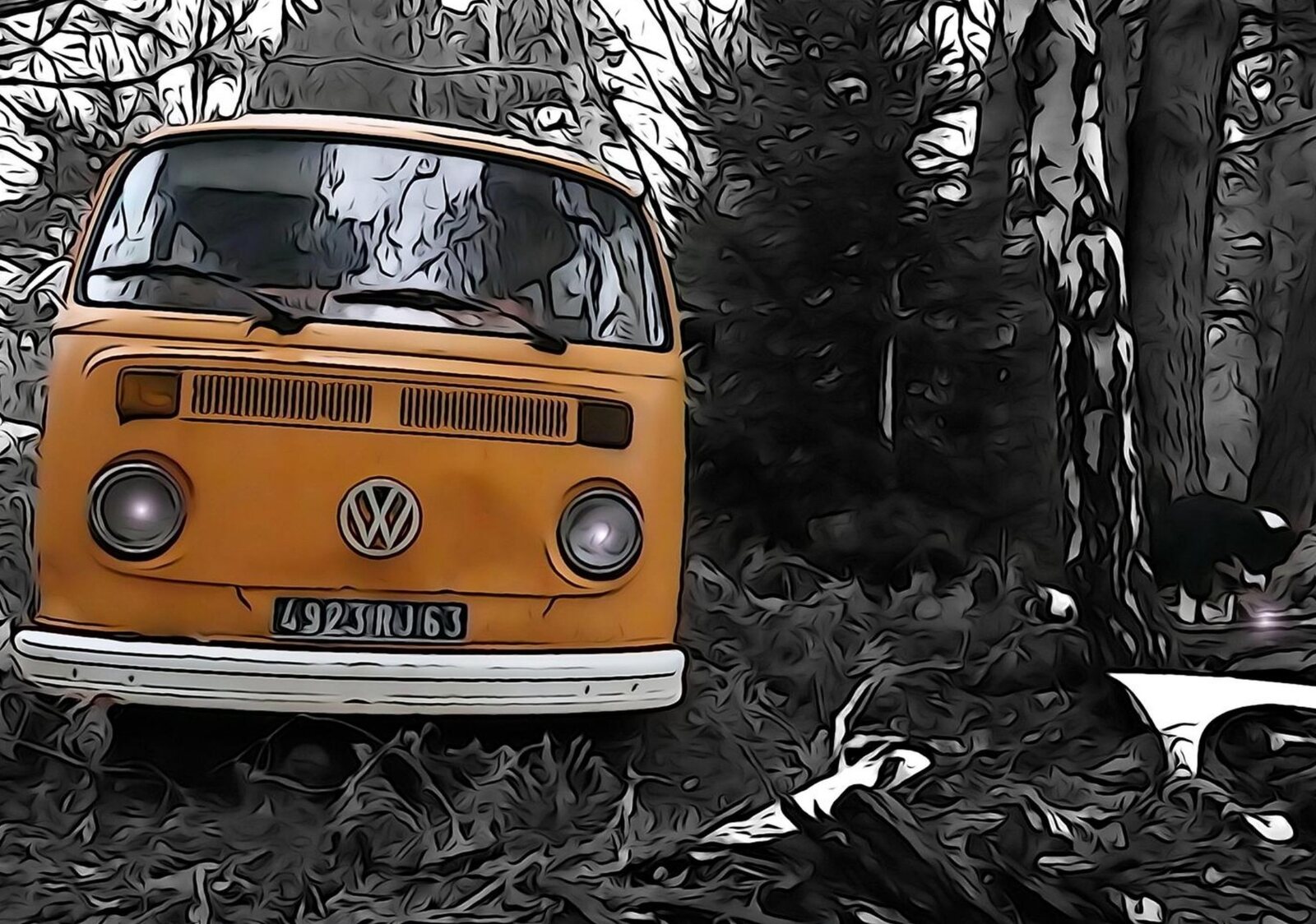 Combi Volkswagen orange en forêt, tableau sur aluminium, aperçu dans un intérieur