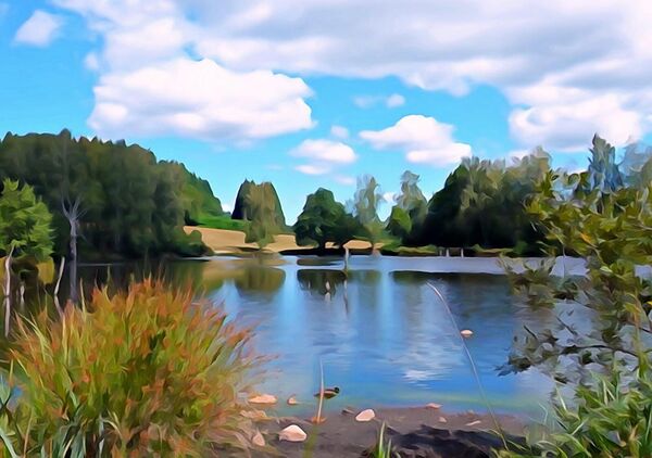 La beauté du silence, tableau étang sous un ciel d’été