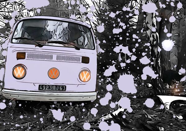 Combi VW lavande dans la forêt, tableau Combi Volkswagen en forêt