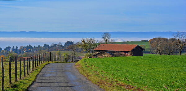 Le chemin, la grange et la brume au loin, tableau chemin de campagne et grange