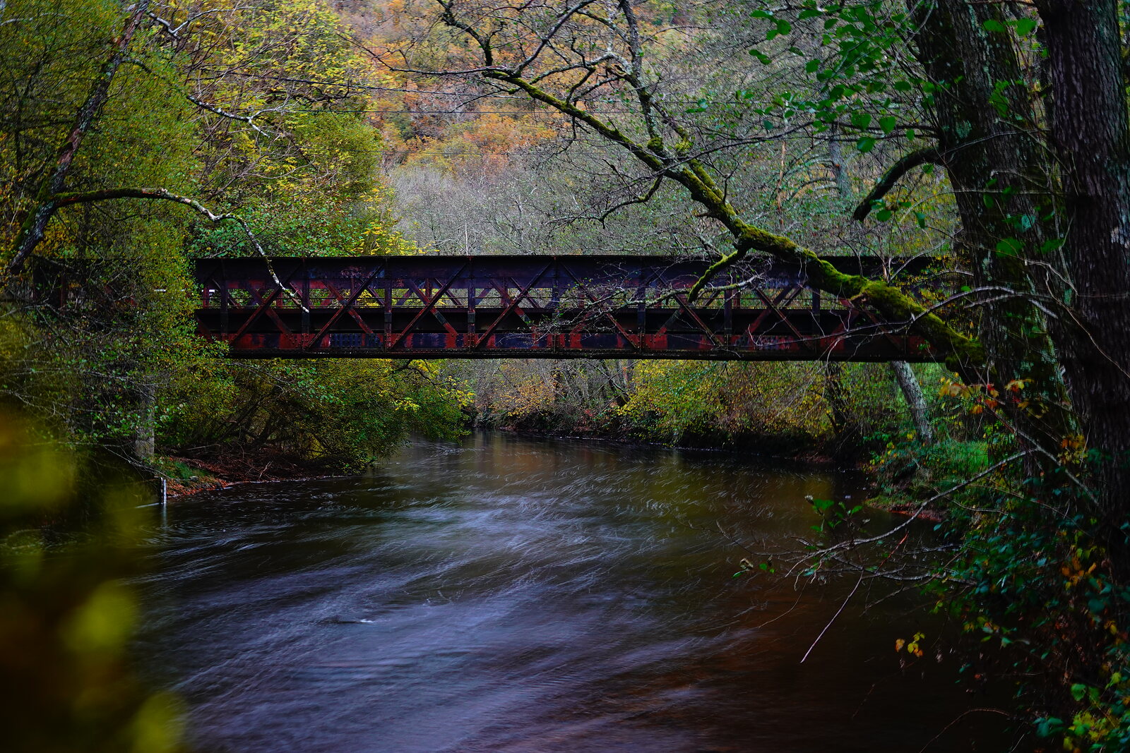 Passerelle sur la rivière en automne, photographie sur toile ou en affiche encadrée, aperçu dans un intérieur